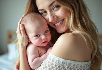 A happy young woman in a bedroom or nursery decorated in soft pastel colors, holding and kissing a sweet, beautiful baby. Family, love, care, Mother's Day concept