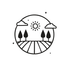 Stylized Circular Landscape with Trees, Sun, and Clouds