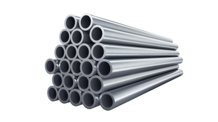 Stack of gray metal pipes on white background