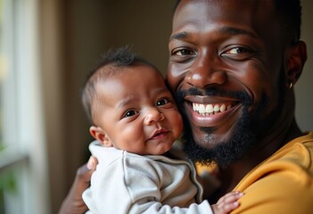 A happy African-American man in a bedroom or nursery decorated in soft pastel colors, holding and kissing a cute, beautiful baby. Family, love, care. Father's Day concept