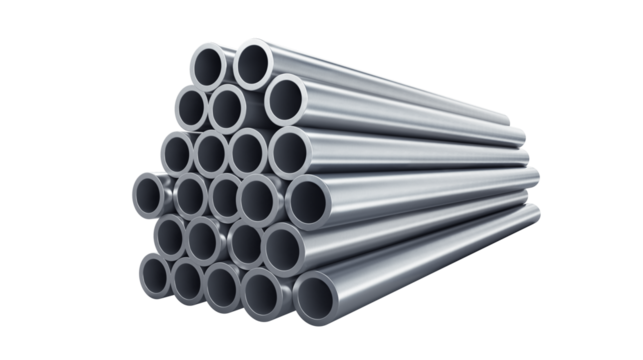 Stack of gray metal pipes on white background