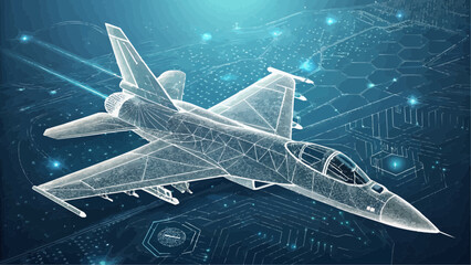 Digital blueprint of a fighter jet with a polygonal mesh overlay on a circuit board background © Googl