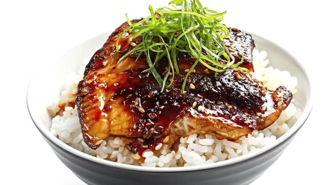 This appetizing close-up showcases a beautifully prepared grilled fish fillet, glistening with a rich, savory glaze and garnished with fresh green onions and sesame seeds. It's served atop a bed of fl