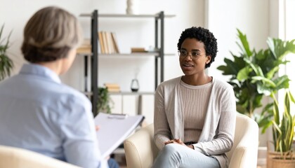 Therapy session with counselor and client, mental health support and guidance