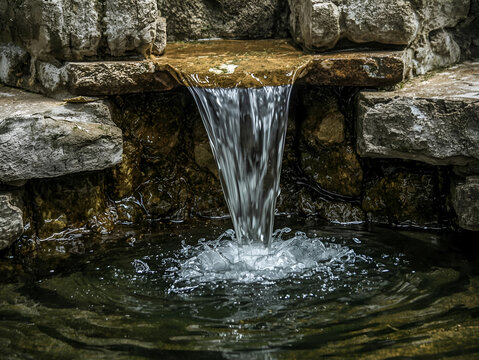 A clear stream of water flows from a rock crevice into a natural pool with a foamy surface and natural stone texture.