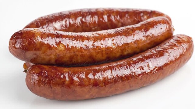 This appetizing close-up showcases three plump, perfectly grilled sausages, displaying a rich, golden-brown hue and a deliciously glistening skin. Each savory link is expertly cooked, promising a mout