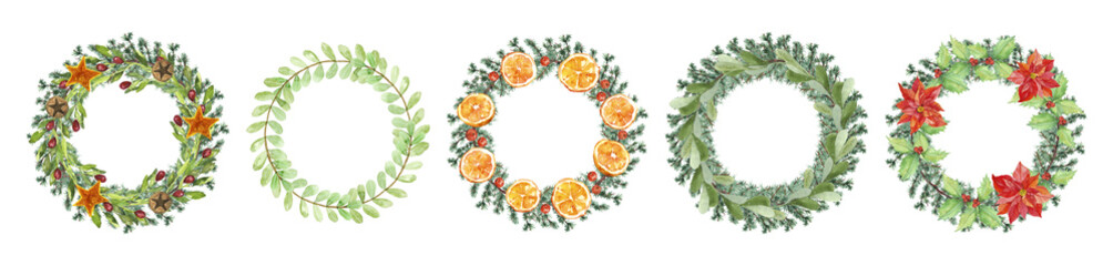 Watercolor hand painted Christmas wreath with leaves, pines and branches illustration clipart isolated on white background. DIY frame objects for holiday invitations and greeting cards