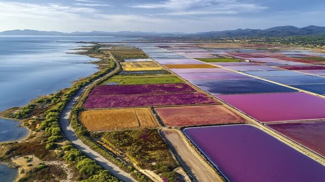 This captivating aerial footage showcases a vast expanse of industrial evaporation ponds, presenting an extraordinary and colorful landscape. The intricate network of rectangular basins displays stunn