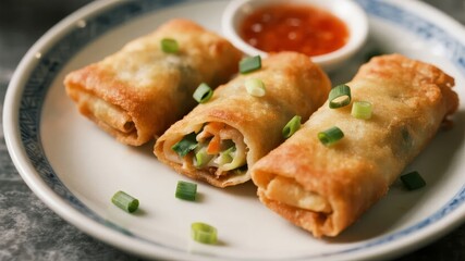 Three golden-brown egg rolls filled with vegetables, served on a plate with green onions and dipping sauce