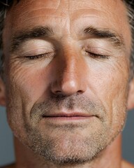 Obraz premium Realistic portrait of middle-aged man closing eyes, deep breath