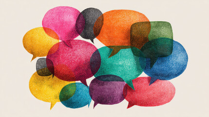 A colorful speech bubbles of various shades of pink, orange, teal, green, purple, blue, and red.  crayon or chalk drawings. on white background. Communication concept.
