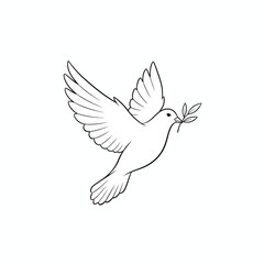 Fototapeta premium Elegant line art illustration of a graceful white dove in flight, carrying an olive branch, embodying universal symbols of peace, hope, freedom, and new beginnings