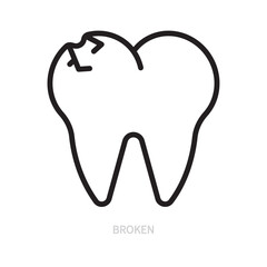 Broken tooth line icon. Dental symbol. Dentistry, stomatology, medicine, hygiene concept. Isolated on a white background. Editable stroke. Flat design. Vector illustration.