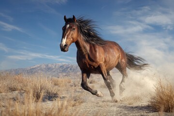 Majestic Stallion Galloping Across a Sunlit Desert Landscape