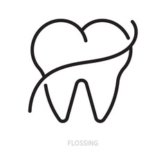 Flossing tooth line icon. Dental symbol. Dentistry, stomatology, medicine, hygiene concept. Isolated on a white background. Editable stroke. Flat design. Vector illustration.