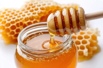 Close up of golden organic honey dripping from wooden honey dipper into glass jar with honeycomb pieces in background, showcasing natural sweetness and texture