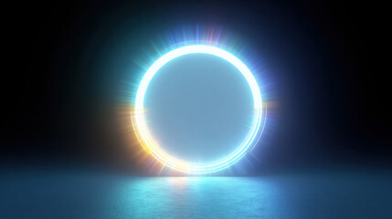 Neon light effect background with colorful rays and a circular frame, 3d illustration, 80s style, digital art.