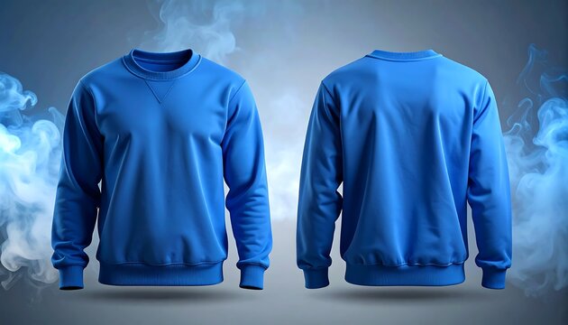 Blue sweatshirt mockup showcasing front and back views against a smoky backdrop. - Powered by Adobe