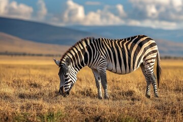 Naklejka premium Striking zebra grazing peacefully on dry golden grassland with backdrop of distant hills and cloudy blue sky, showcasing natural wildlife beauty and calmness