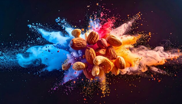 Nuts and colorful powder exploding against a dark background