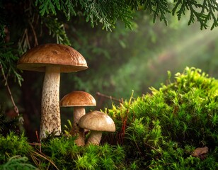 Sunlit Mushrooms in Forest - A Natural Woodland Scene.