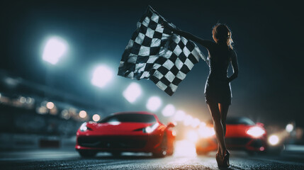 Race Day Excitement as the Checkered Flag is Waved at Night