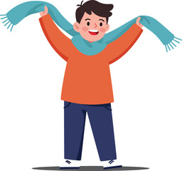Happy boy wearing orange sweater holding blue scarf winter clothing vector illustration cheerful expression 