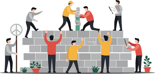 Group of diverse people building a brick wall teamwork and cooperation vector illustration 