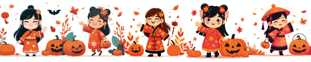 Vector of a little girl wearing a Chinese costume celebrating Halloween