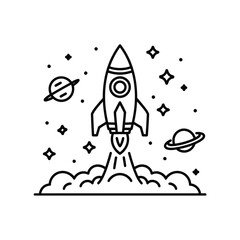 Vector illustration of a rocket launching into space with planets and stars scalable eps graphic silhouette White background