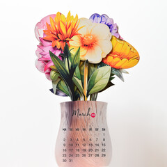 March 2026 calendar on vase with colorful bouquet of flowers