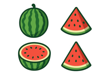 Watermelon tropical fruit whole and sliced vector icons set, juicy red pulp with seeds, fresh green rind, summer food illustration, isolated vector symbols on transparent background