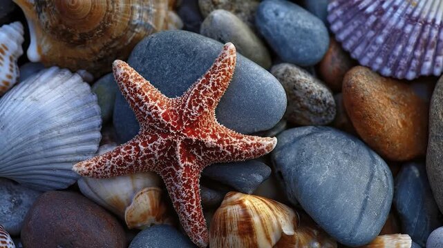 This vibrant close-up captures a beautiful assortment of marine treasures, featuring a striking reddish-orange starfish prominently nestled among various intricately textured seashells and smooth, wat