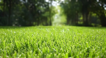 Close-up morning view of fresh St. Augustine grass covered in dew drops glistening under sunlight, lush green natural texture background for eco design and landscaping concepts