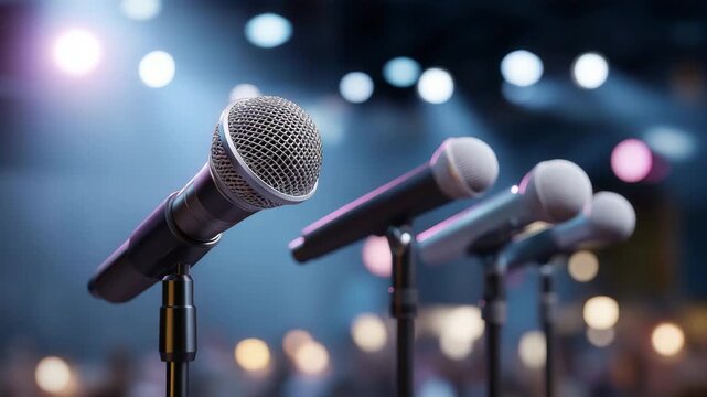 A group of singers auditions for a talent show, with microphones gleaming, a stage lit up, judges scribbling notes, and a crowd cheering softly, captured in a vibrant photo with mic shines, light