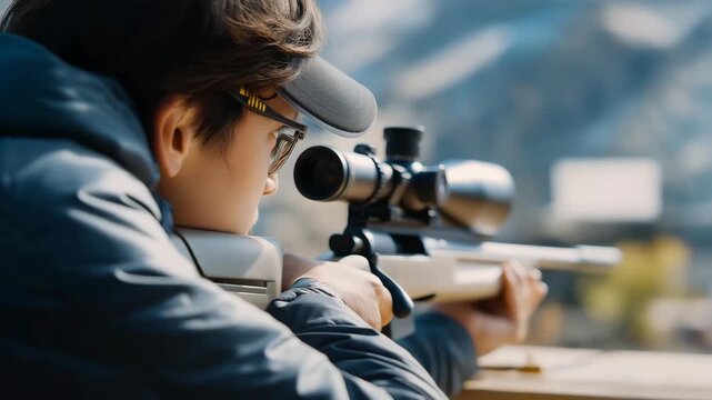 A shooter calibrates a rifle at an outdoor range with a scope adjusting, targets at 50 yards, wind gauges spinning, and a spotter noting windage, captured in a precise photo with lens clarity,