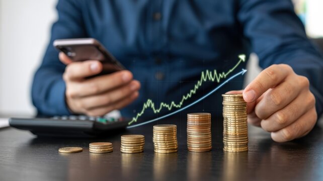 A businessman analyzes financial growth using a smartphone and stacks coins, indicating investment success and positive market trends
