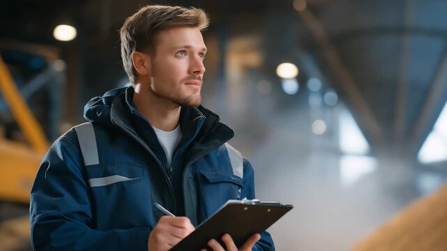 A worker tests a silo&rsquo;s auger in a barn, with motors humming, grain flowing, dust swirling, and a clipboard noting performance, captured in a mechanical photo with auger blades, dust clouds, and