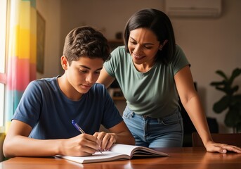 Fototapeta premium Brazilian teenage student studying at home with teacher guidance