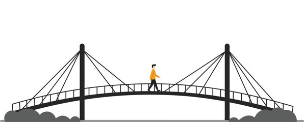 Pedestrian walking on suspension bridge vector illustration with grey black structure and orange jacket 
