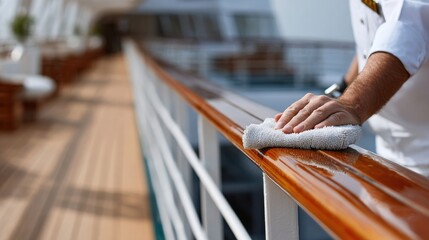 Person wiping wooden railing of a cruise ship with a cloth