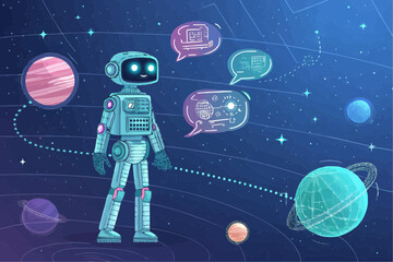 Obraz premium A robot surrounded by planets and stars with speech bubbles in a cosmic digital illustration