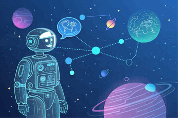 Fototapeta premium Robot in space connected to planets and a speech bubble with complex machine design elements visible