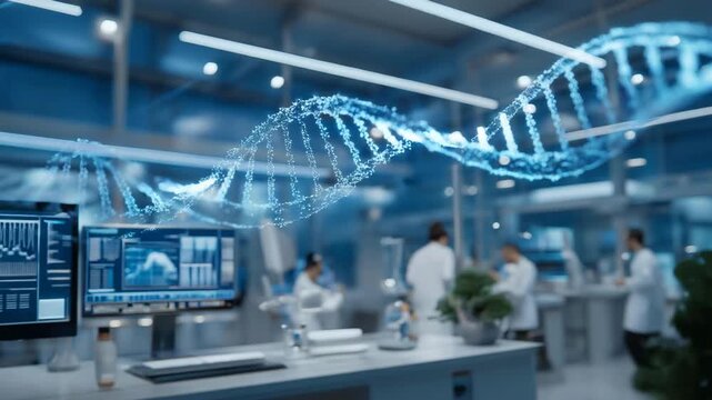 Neon-lit futuristic lab with robotic medical devices, AI-powered holographic DNA simulations, and scientists collaborating on genetic research, highlighting advanced biotechnology and medical - Powered by Adobe