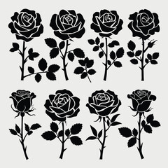 Obraz premium Elegant black rose silhouettes vector illustration set scalable eps for decorative floral designs silhouette White background