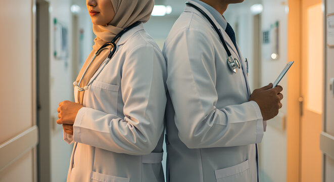Medical Professionals Standing Back to Back in Hospital Corridor with Stethoscopes and Digital Tablet