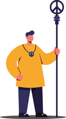 Man Holding Peace Symbol Staff Standing Calmly in Minimalist Vector Illustration 