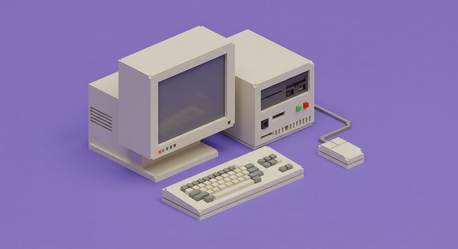 An isometric pixel art image of a vintage desktop computer, including a monitor, CPU, keyboard and mouse, in shades of white and gray, on a lilac background.
