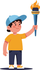 Young boy holding torch with flame in bright casual clothes vector illustration 