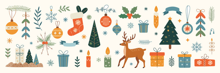 Obraz premium Christmas and New Year Decoration Set with Santa, Reindeer, Gifts, Baubles, Holiday Elements, Flat Winter Festive Icons Isolated on White Background Vector Illustration